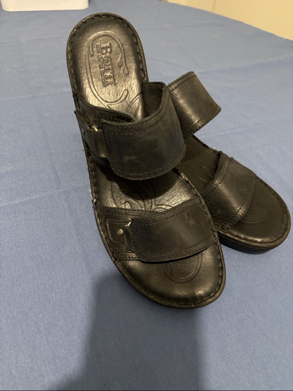 Born Black Leather Double-Strap Slide Sandals